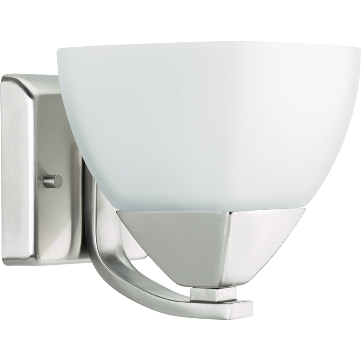 One-light bath with distinctive forms that highlight soft modern accents. Etched white glass shades balance nicely with the fixture's full back plate and simple square arms, contributing to a desired spa-like effect. Brushed Nickel finish.