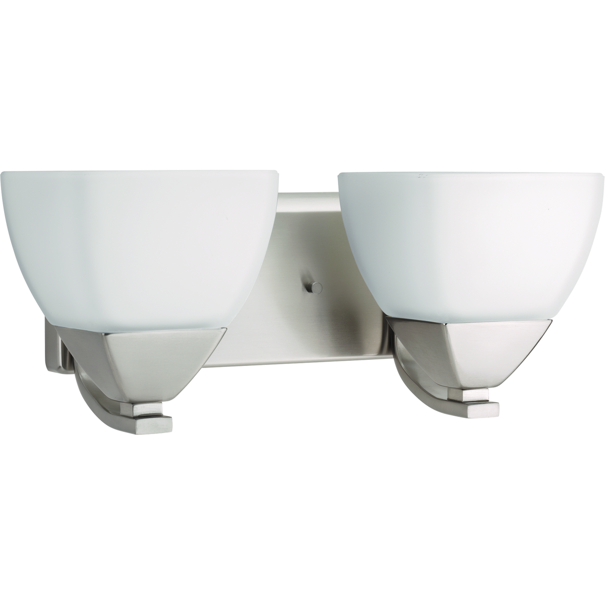 Two-light bath with distinctive forms that highlight soft modern accents. Etched white glass shades balance nicely with the fixture's full back plate and simple square arms, contributing to a desired spa-like effect. Brushed Nickel finish.