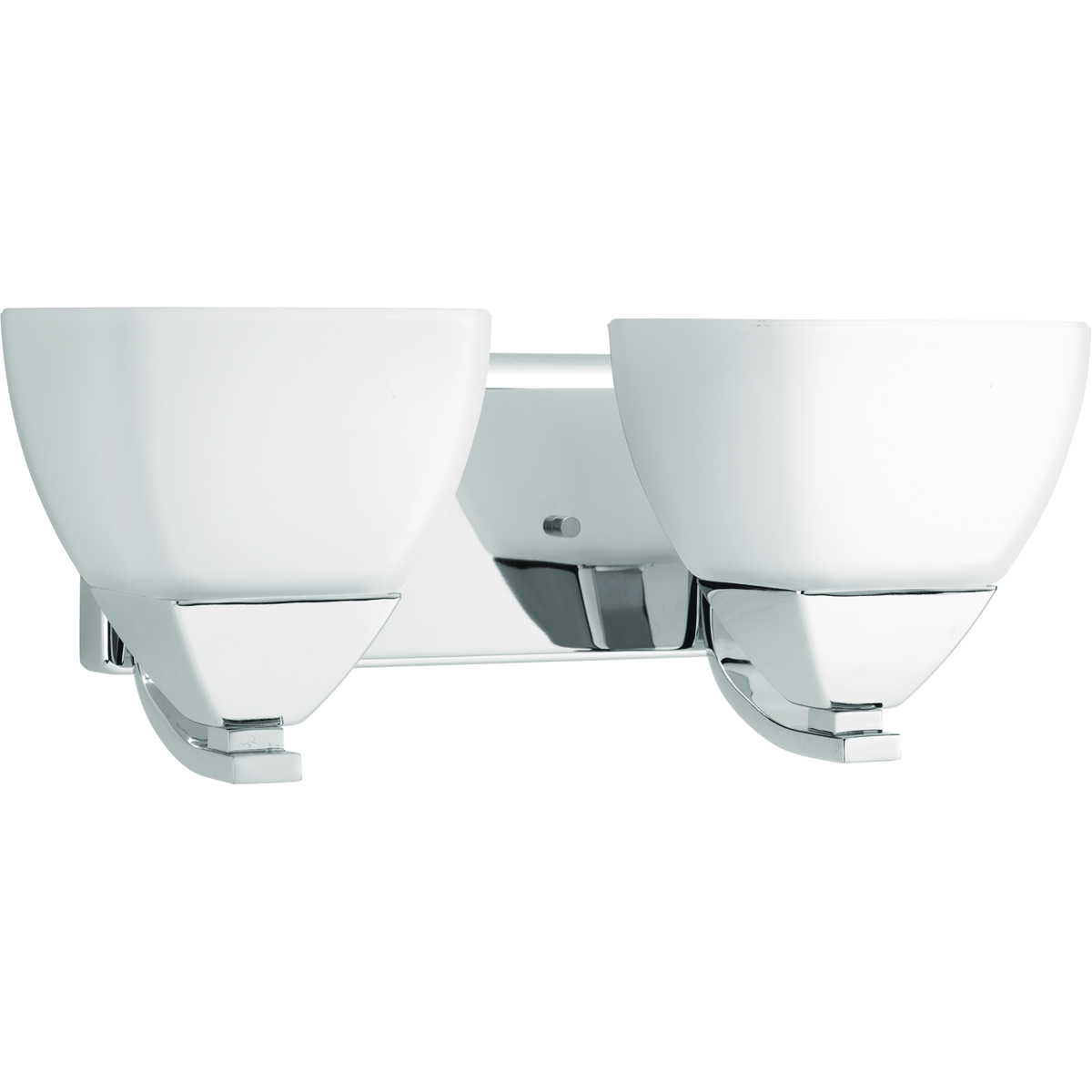 Two-light bath with distinctive forms that highlight soft modern accents. Etched white glass shades balance nicely with the fixture's full back plate and simple square arms, contributing to a desired spa-like effect. Polished Chrome finish.