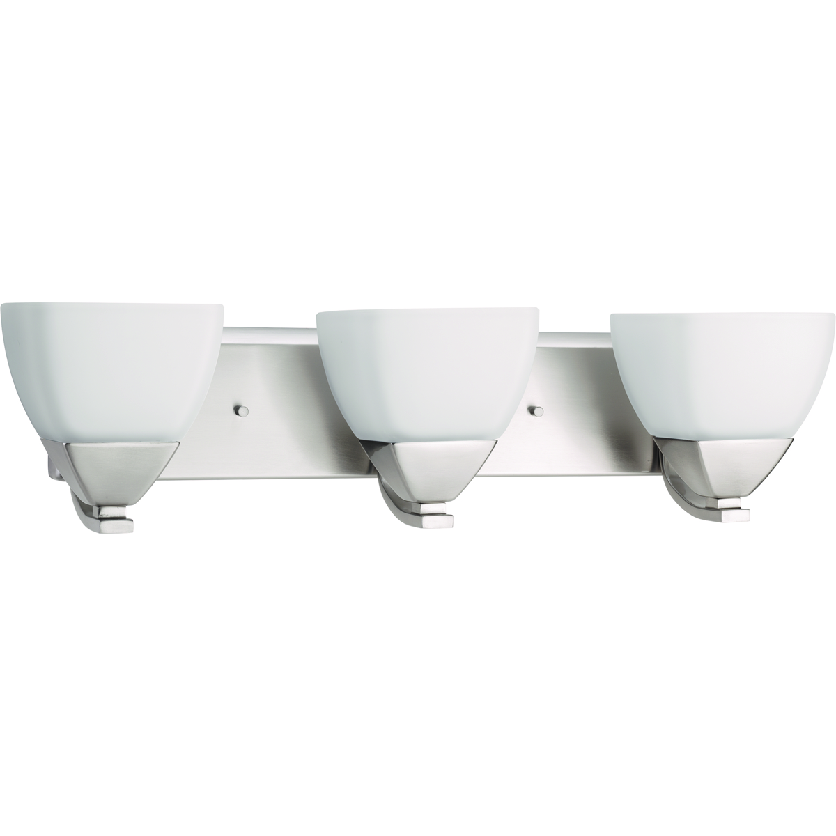 Three-light bath with distinctive forms that highlight soft modern accents. Etched white glass shades balance nicely with the fixture's full back plate and simple square arms, contributing to a desired spa-like effect. Brushed Nickel finish.