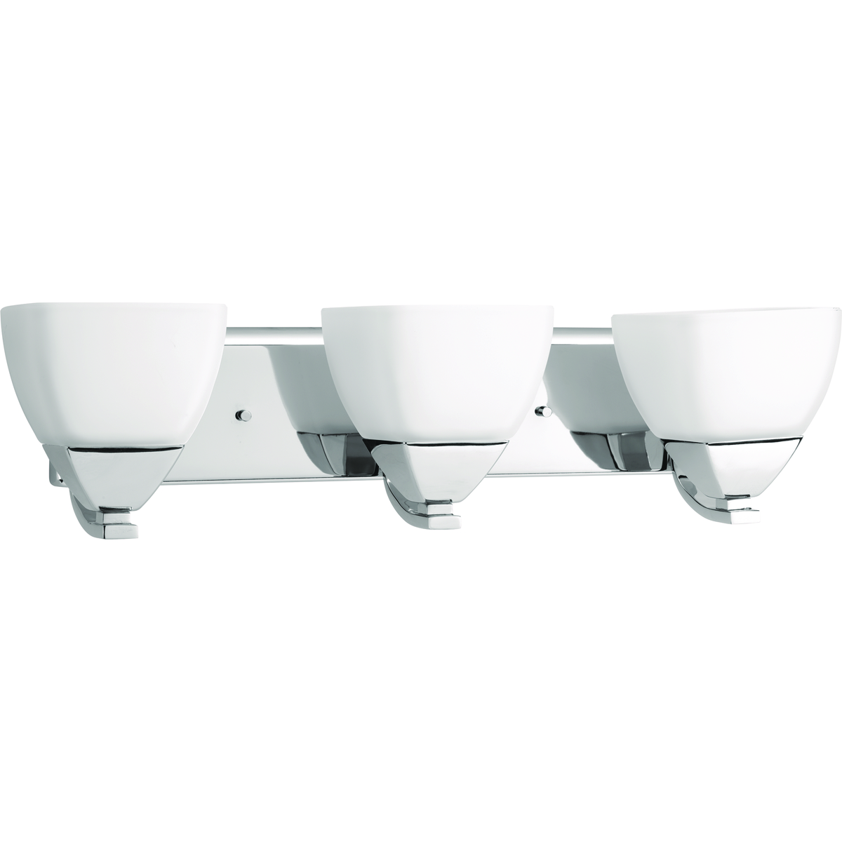 Three-light bath with distinctive forms that highlight soft modern accents. Etched white glass shades balance nicely with the fixture's full back plate and simple square arms, contributing to a desired spa-like effect. Polished Chrome finish.