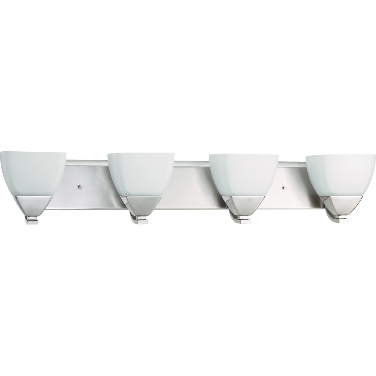 Four-light bath with distinctive forms that highlight soft modern accents. Etched white glass shades balance nicely with the fixture's full back plate and simple square arms, contributing to a desired spa-like effect. Brushed Nickel finish.