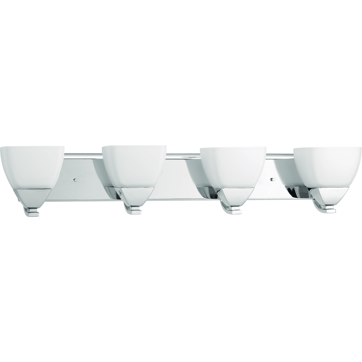 Four-light bath with distinctive forms that highlight soft modern accents. Etched white glass shades balance nicely with the fixture's full back plate and simple square arms, contributing to a desired spa-like effect. Polished Chrome finish.