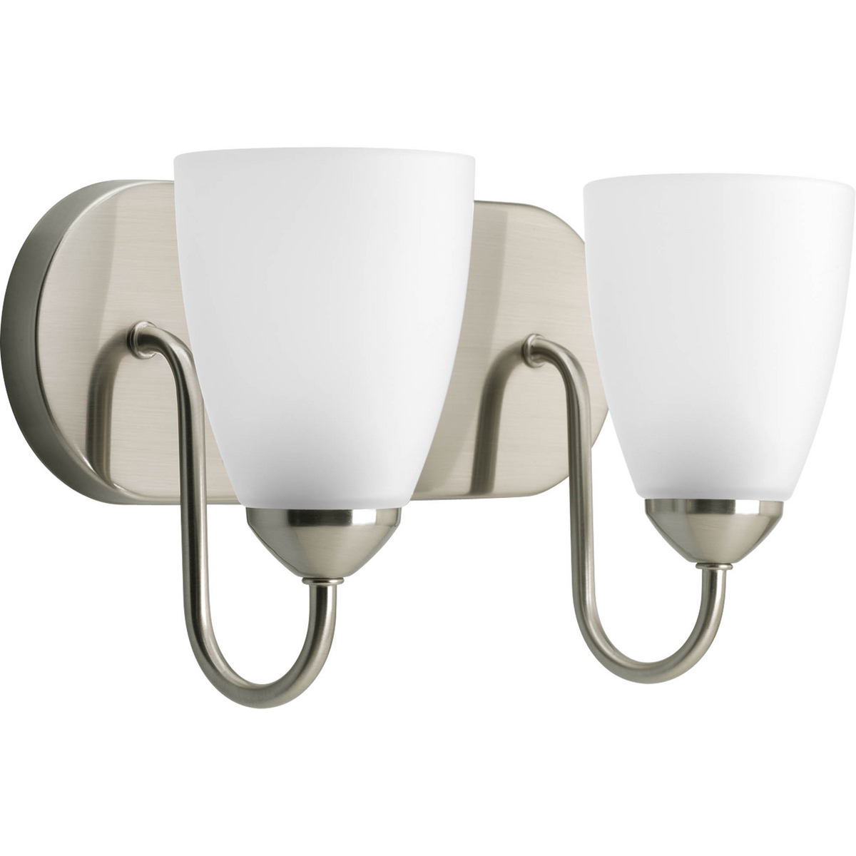 Gather possesses a smart simplicity to complement today's home. This two-light bath bracket contains etched glass shades which add distinction and provide pleasing illumination to your room. Featuring a glamorous Brushed Nickel finished frame, this collection allows you to decorate an entire home with confidence and style.