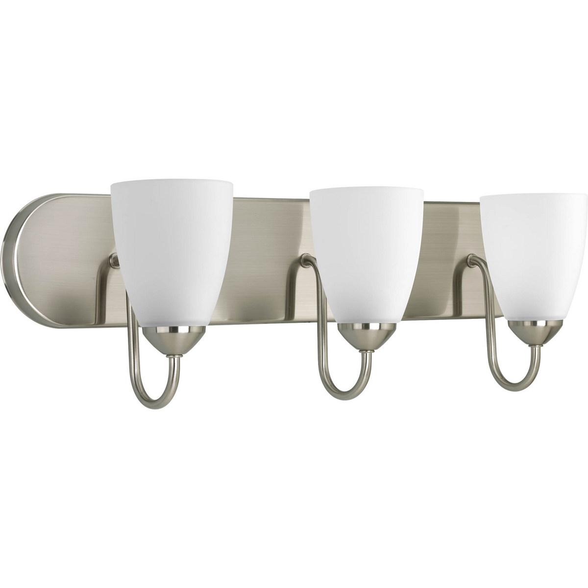 Gather possesses a smart simplicity to complement today's home. This three-light bath bracket contains etched glass shades which add distinction and provide pleasing illumination to your room. Featuring a glamorous Brushed Nickel finished frame, this collection allows you to decorate an entire home with confidence and style.