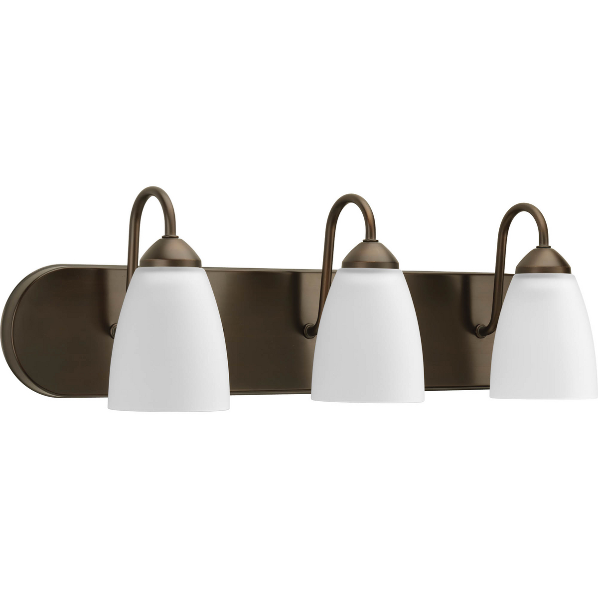Gather possesses a smart simplicity to complement today's home. This three-light bath bracket contains etched glass shades which add distinction and provide pleasing illumination to your room. Featuring a beautiful Antique Bronze finished frame, this collection allows you to decorate an entire home with confidence and style.