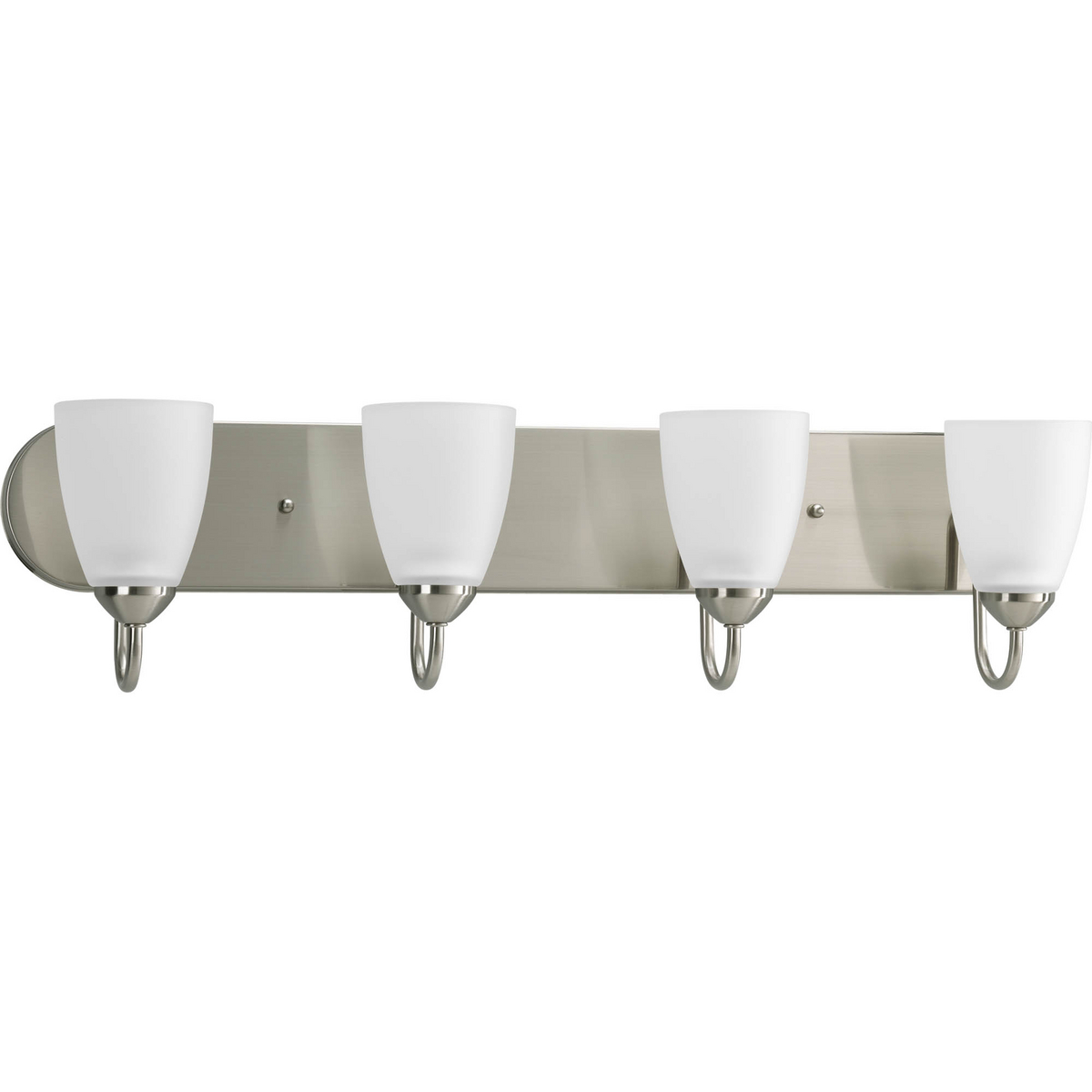 Gather possesses a smart simplicity to complement today's home. This four-light bath bracket contains etched glass shades which add distinction and provide pleasing illumination to your room. Featuring a glamorous Brushed Nickel finished frame, this collection allows you to decorate an entire home with confidence and style.