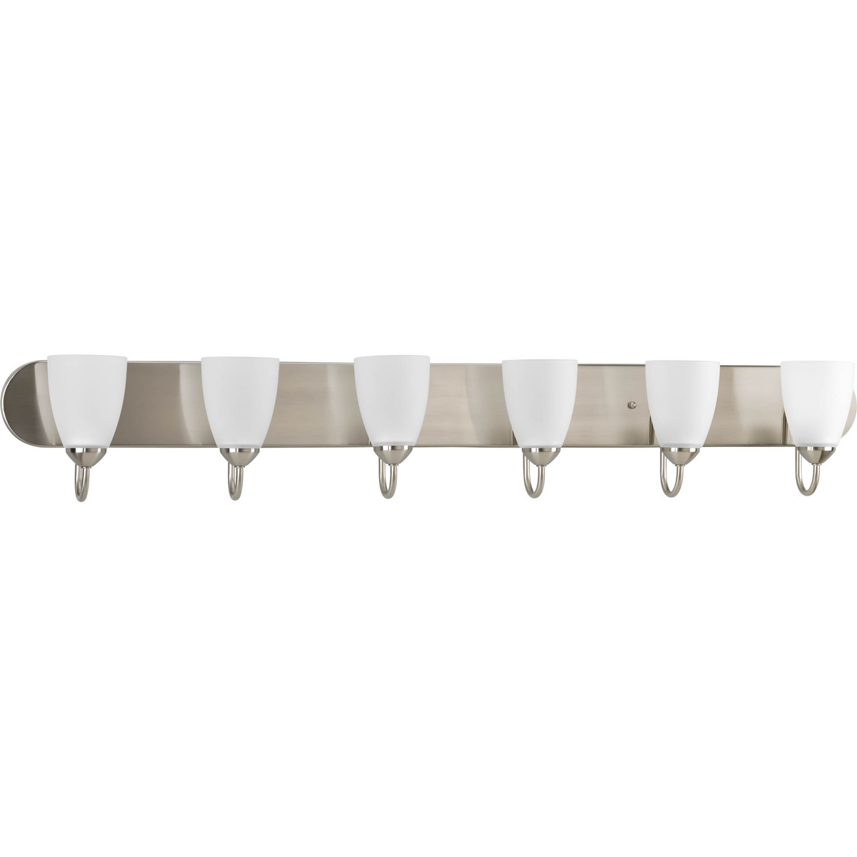 Gather possesses a smart simplicity to complement today's home. This six-light bath bracket contains etched glass shades which add distinction and provide pleasing illumination to your room. Featuring a glamorous Brushed Nickel finished frame, this collection allows you to decorate an entire home with confidence and style.
