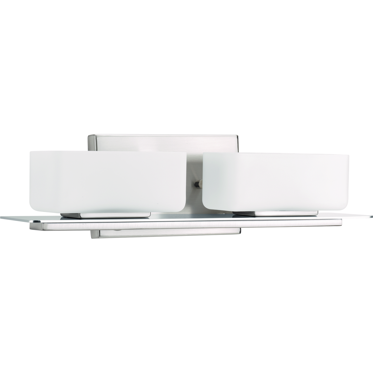 The two-light bath & vanity in the Rush Collection is a compact linear bath and vanity collection with both modern and natural highlights. Etched opal glass and dual-finishes offer a fun play of reflection and lighting effects for the home. Brushed nickel finish with polished chrome highlights.