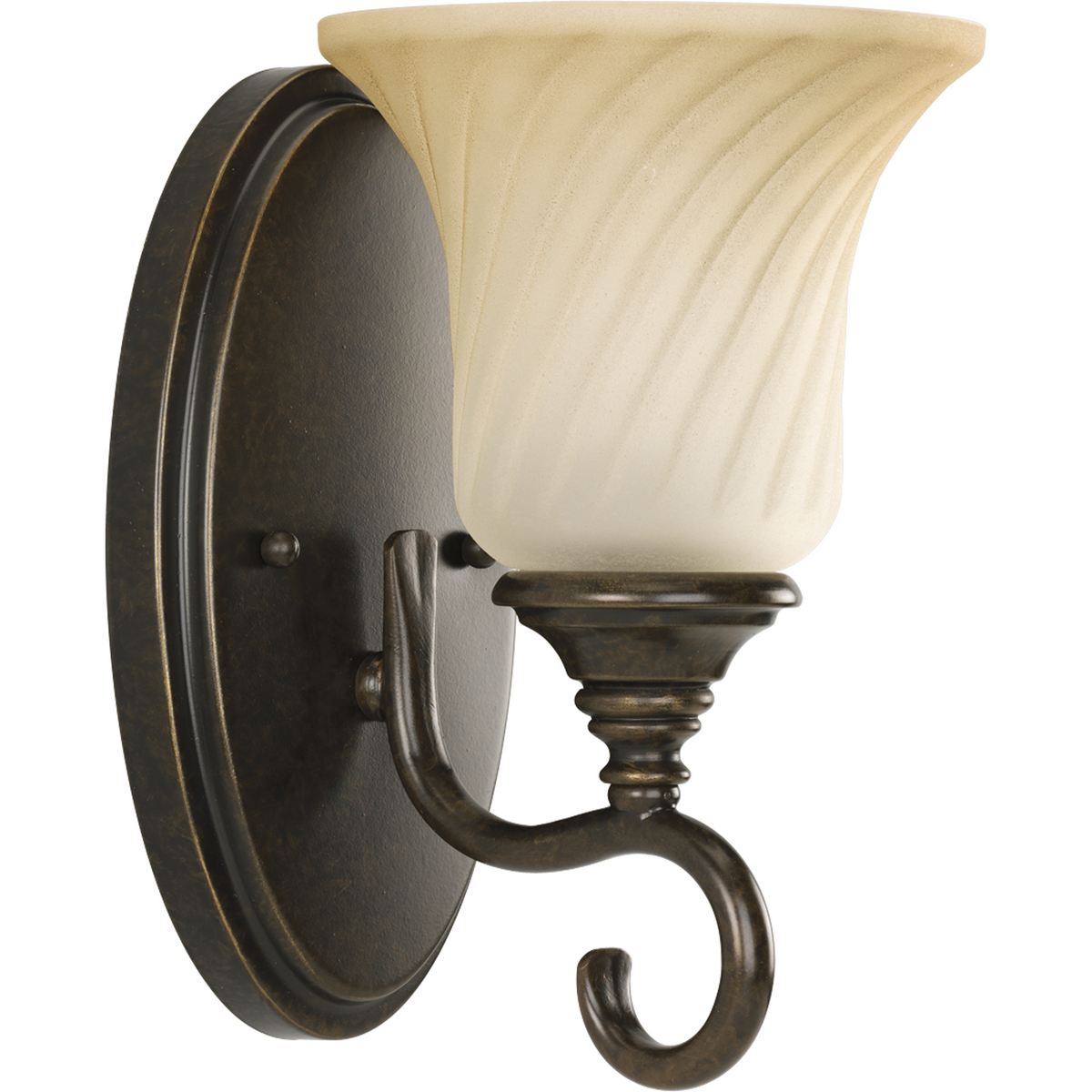 The casual, comfortable feel of the Kensington Collection is perfect for many interiors. One-light bath bracket features skillfully scrolled metalwork in a Forged Bronze finish. Trumpet-shaped, slightly textured glass shades are complemented by a frosted caramel swirl finish. These rich details come together to create a rich focal point for any room and offers a charming appeal for any interior.