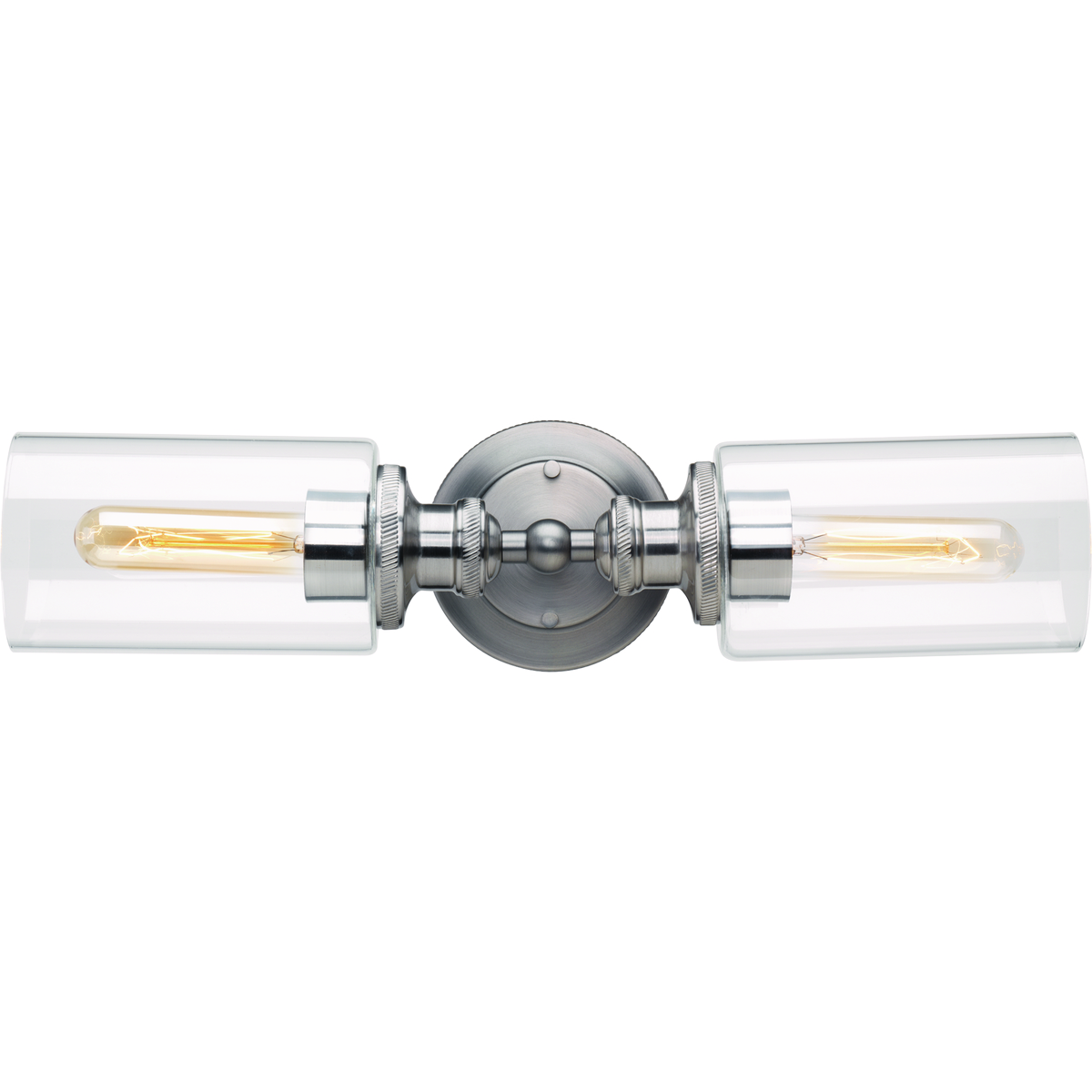 This two-light bath & vanity fixture offer a vintage electric feel. Clear glass shades featured on either side of the back plate. Two-toned finish antique nickel with polished chrome accents. Can be mounted horizontally or vertically.