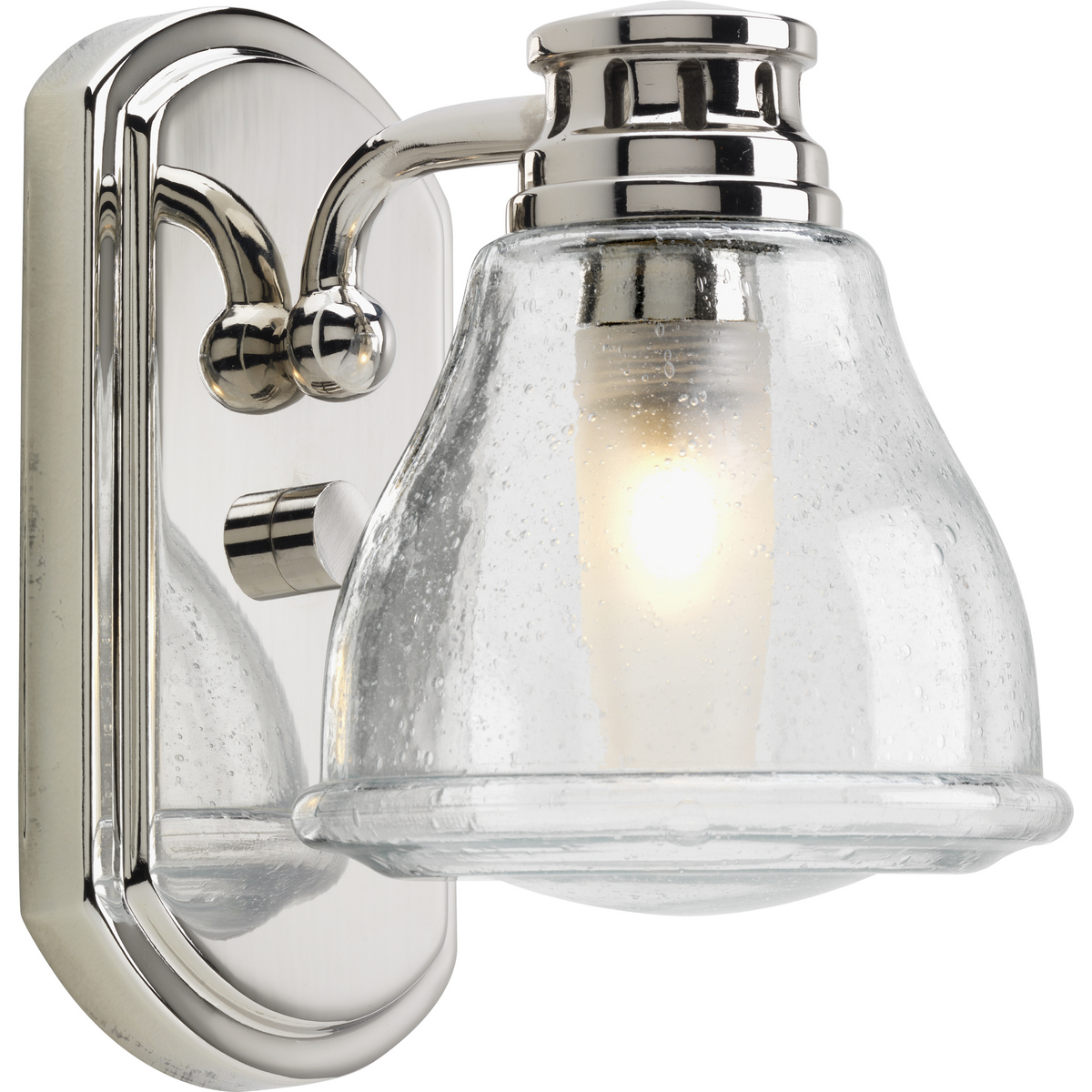 Polished Chrome one-light bath and vanity fixture features a nostalgic, yet decidedly modern, design. Outer translucent seeded globe mimic the silhouette of a traditional light bulb but contain a halogen source for bright illumination. Versatile structure can be installed facing upwards or downwards.