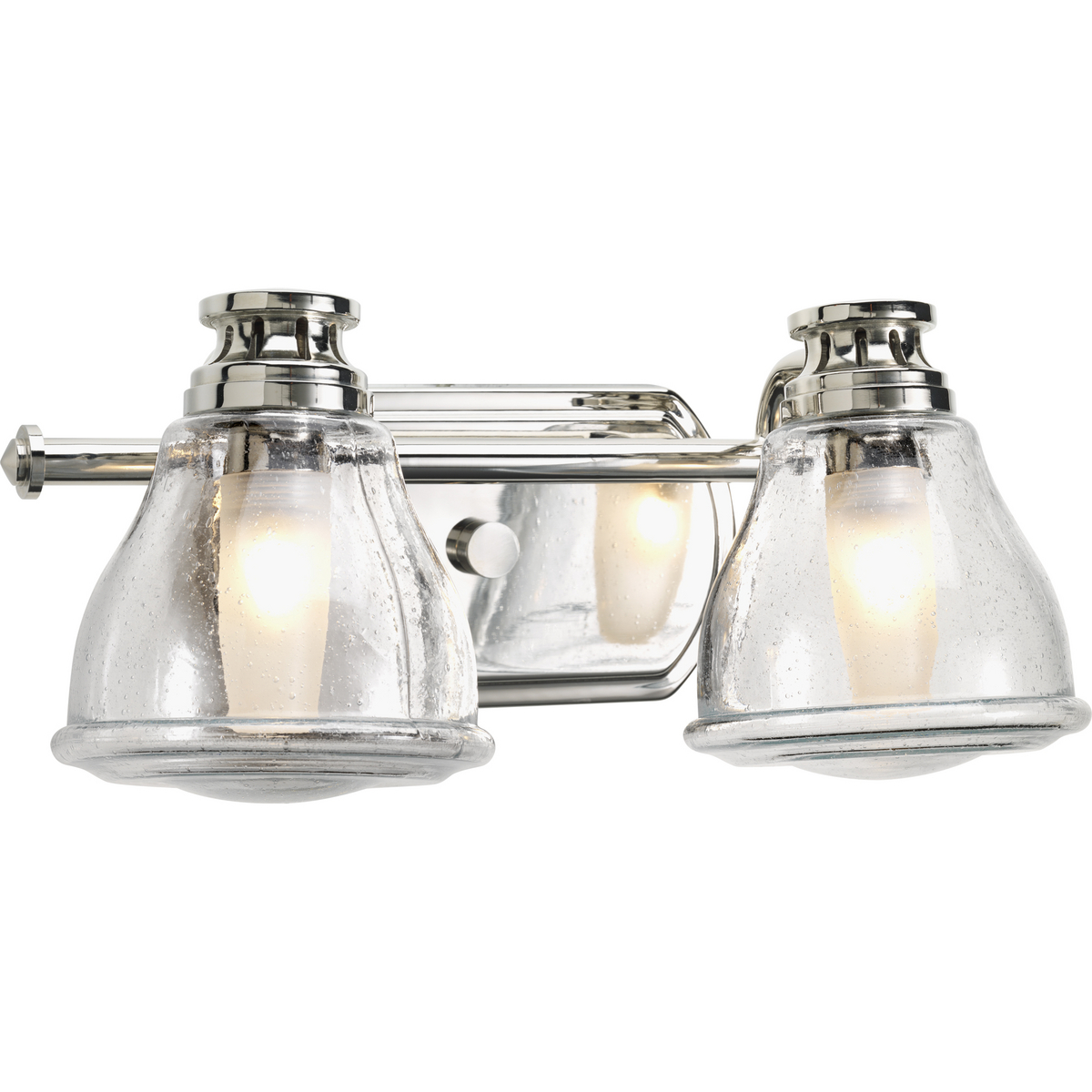Polished Chrome two-light bath and vanity fixture features a nostalgic, yet decidedly modern, design. Outer translucent seeded globes mimic the silhouette of a traditional light bulb but contain a halogen source for bright illumination. Versatile structure can be installed facing upwards or downwards.