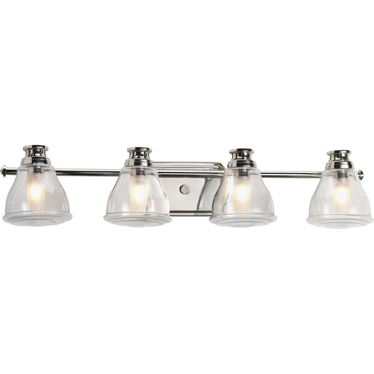 Polished Chrome four-light bath and vanity fixture features a nostalgic, yet decidedly modern, design. Outer translucent seeded globes mimic the silhouette of a traditional light bulb but contain a halogen source for bright illumination. Versatile structure can be installed facing upwards or downwards.