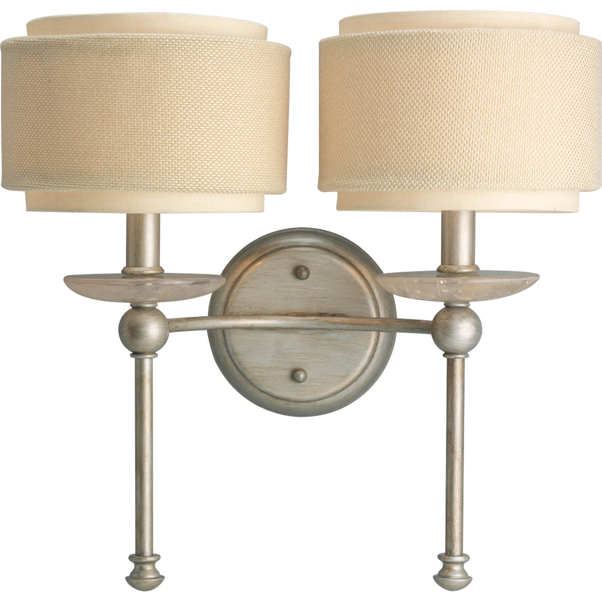 The Ashbury Collection throws a modern urban twist in your decor. Two-light wall bracket with quartz inspired bobeches and a unique double drum shades in thistle weave and toasted linen fabric.