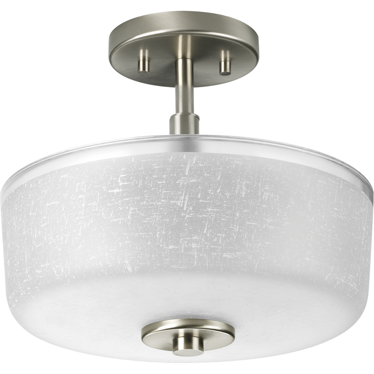 Two-light semi-flush with white linen finished glass is complemented with a crisp, clear edge accent strip. This collection offers the best of traditional and modern highlight with a Brushed Nickel finish.