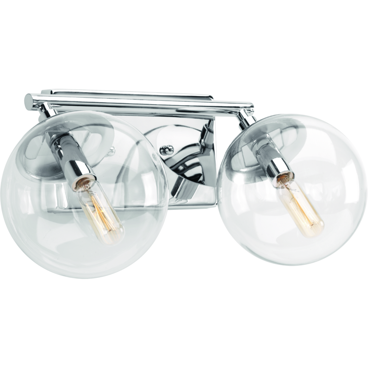 Giving a nod to the space age with mid-century modern appeal, Mod features a sleek linear frame in a Polished Chrome finish. Clear, spherical glass shades offer the perfect focal point for vintage bulbs or reflector-style globes. This two-light fixture can be used in the bath and vanity or as a complimentary wall sconce.