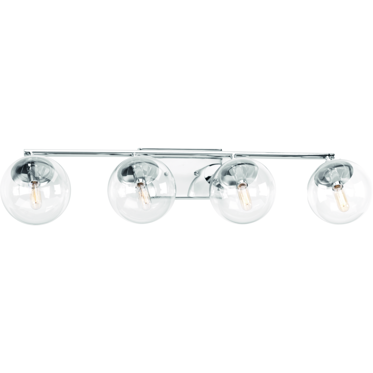 Giving a nod to the space age with mid-century modern appeal, Mod features a sleek linear frame in a Polished Chrome finish. Clear, spherical glass shades offer the perfect focal point for vintage bulbs or reflector-style globes. This four-light fixture can be used in the bath and vanity works with wide variety of styles.