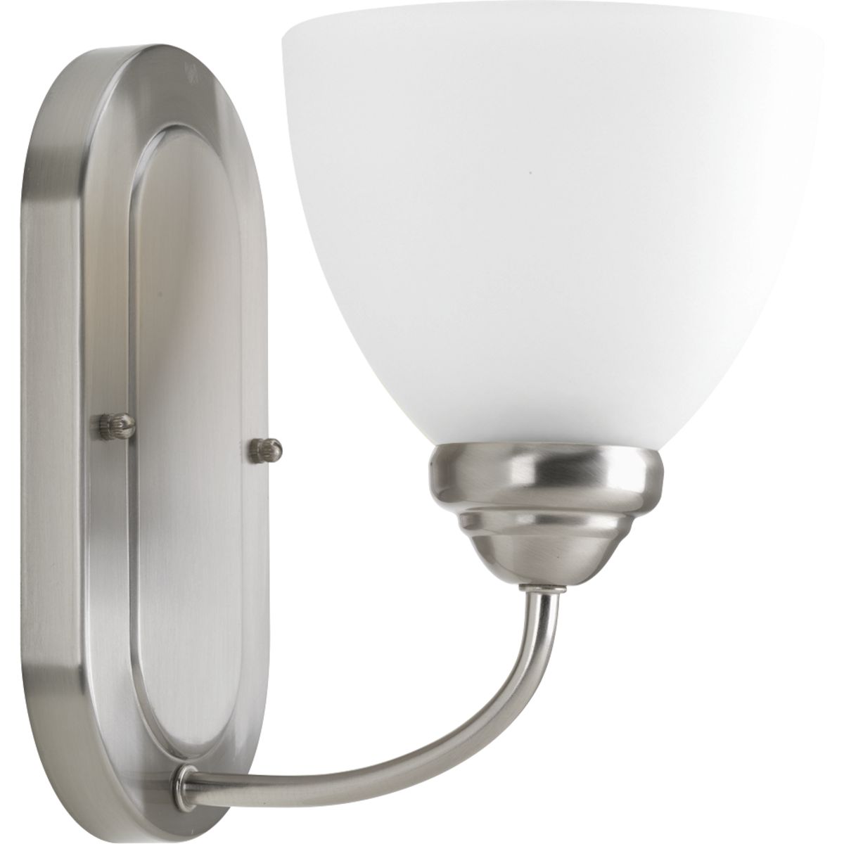 The Heart Collection possesses a smart simplicity to complement today's home. This one-light bath bracket includes etched glass shades to add distinction and provide pleasing illumination to any room. Versatile design permits installation of fixture facing either upwards or downwards. Plated Brushed Nickel scroll arms create an airy effect.