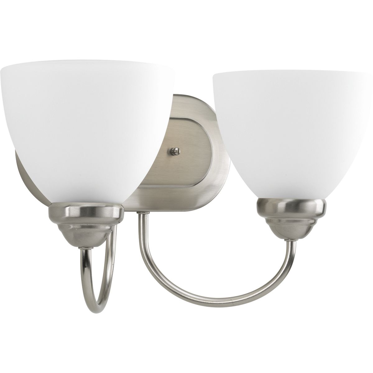 The Heart Collection possesses a smart simplicity to complement today's home. This two-light bath bracket includes etched glass shades to add distinction and provide pleasing illumination to any room. Versatile design permits installation of fixture facing either upwards or downwards. Plated Brushed Nickel scroll arms create an airy effect.