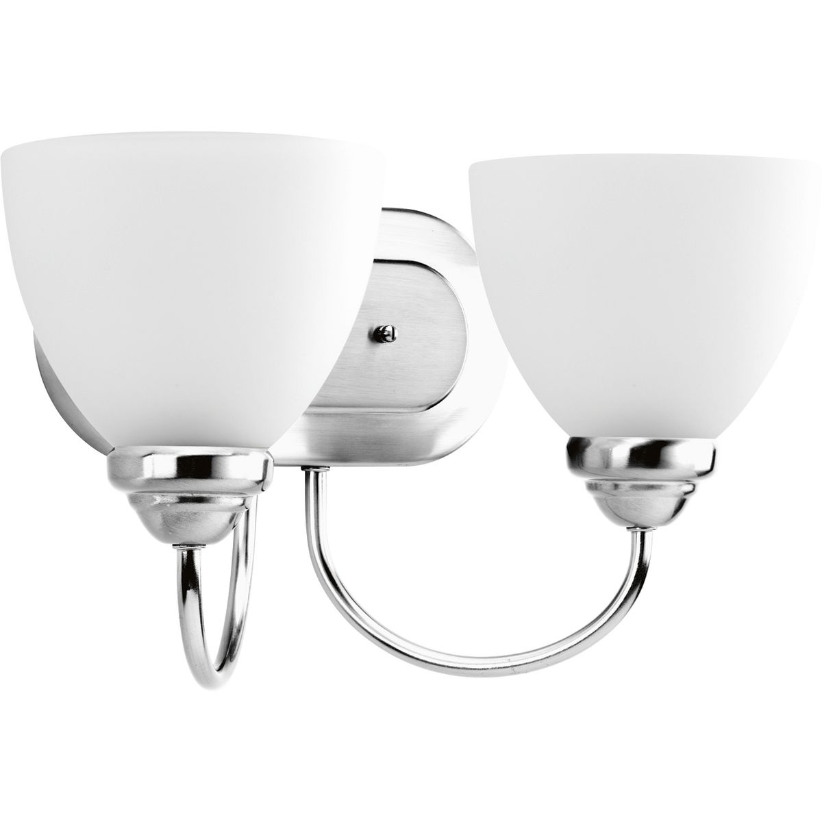 The Heart Collection possesses a smart simplicity to complement today's home. This two-light bath bracket includes etched glass shades to add distinction and provide pleasing illumination to any room. Versatile design permits installation of fixture facing either upwards or downwards. Polished Chrome scroll arms create an airy effect.