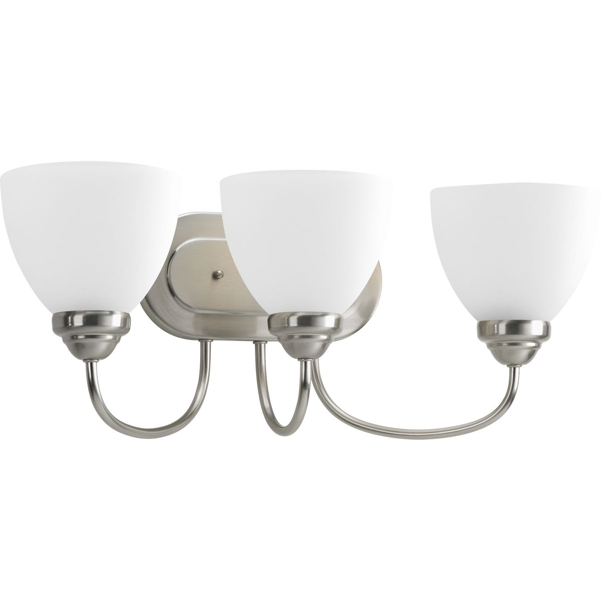 The Heart Collection possesses a smart simplicity to complement today's home. This three-light bath bracket includes etched glass shades to add distinction and provide pleasing illumination to any room. Versatile design permits installation of fixture facing either upwards or downwards. Plated Brushed Nickel scroll arms create an airy effect.