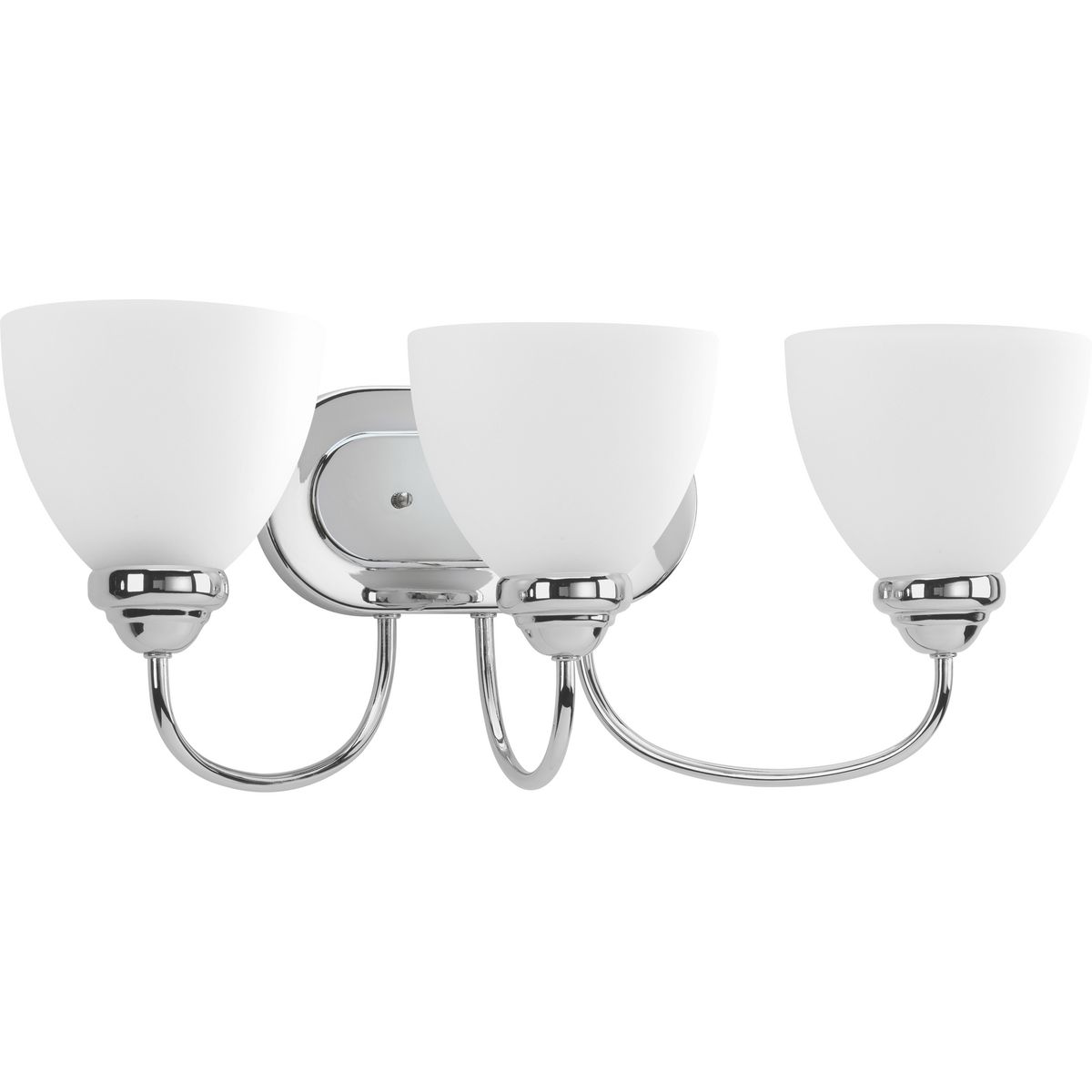 The Heart Collection possesses a smart simplicity to complement today's home. This three-light bath bracket includes etched glass shades to add distinction and provide pleasing illumination to any room. Versatile design permits installation of fixture facing either upwards or downwards. Polished Chrome scroll arms create an airy effect.
