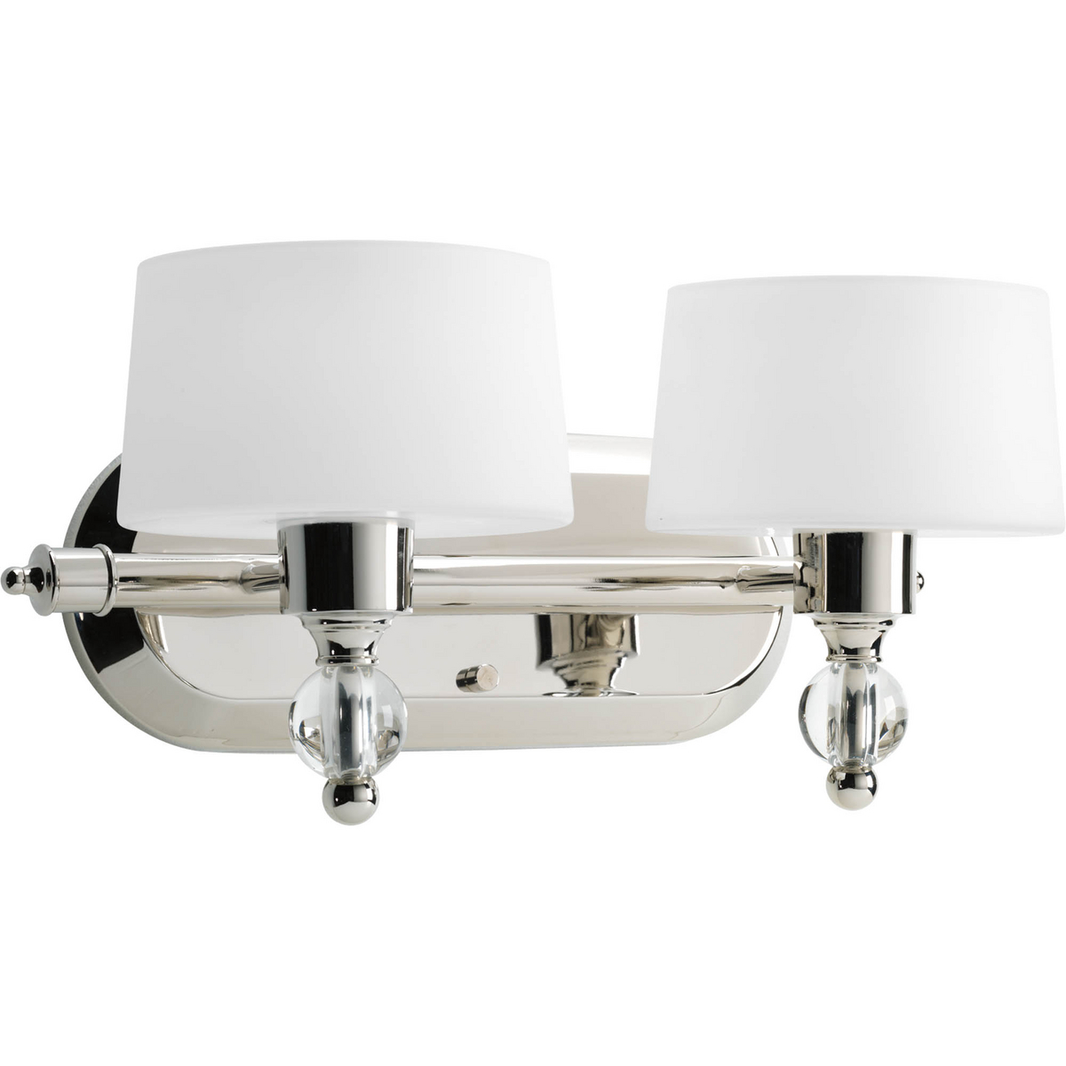 Two-light bath fixture from the Fortune collection is a glamorous design with brilliant gleaming metalwork and K9 glass accents. Elegantly simple, the Polished Nickel frame gracefully supports white diffusers to provide pleasing, even illumination.