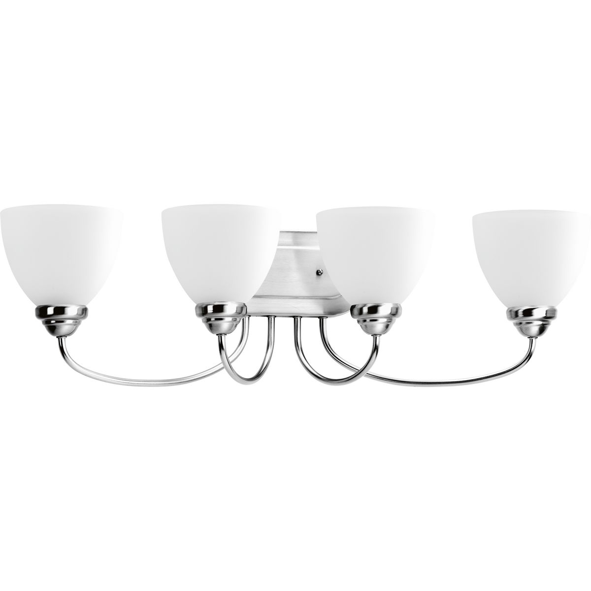 The Heart Collection possesses a smart simplicity to complement today's home. This four-light bath bracket includes etched glass shades to add distinction and provide pleasing illumination to any room. Versatile design permits installation of fixture facing either upwards or downwards. Polished Chrome scroll arms create an airy effect.