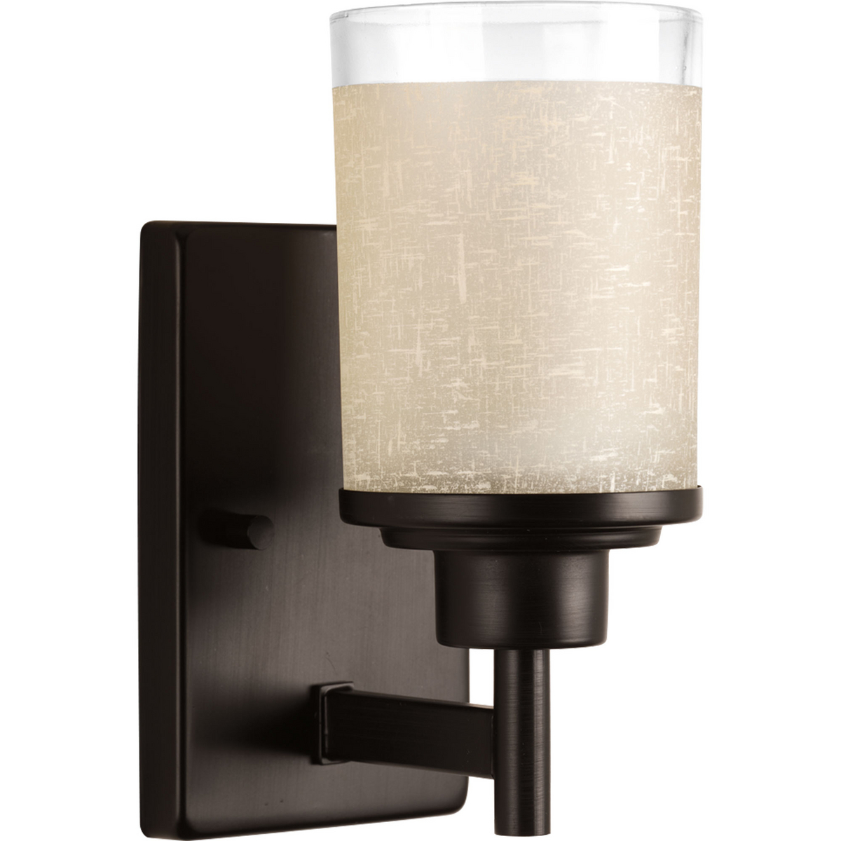 Create the sophisticated feel of modern, urban living in your home with this one-light bath fixture from the Alexa Collection. Visually interesting etched umber linen finished glass with a crisp clear edge accent is complemented by a pleasingly simple Antique Bronze frame. If you desire a vintage mid-century modern look, the Alexa Collection is just for you.