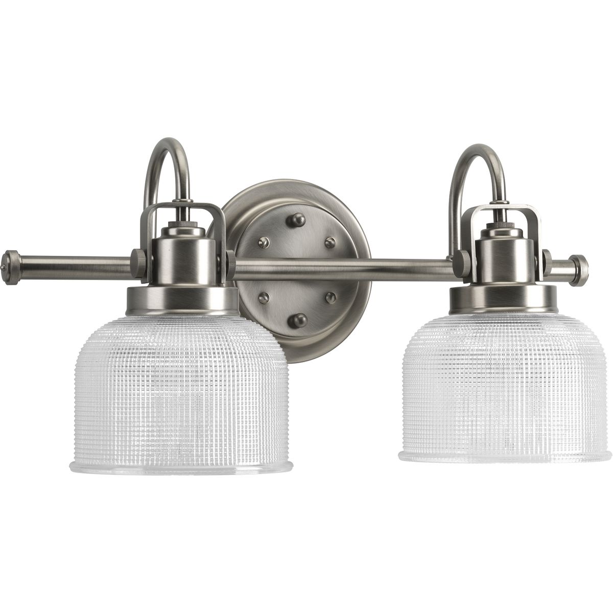 Archie is a standout in any room and provides a fun and fashionable way to light your home. The authentic, prismatic style glass shade diffuses light to provide functional and stylish illumination. Finely crafted strap and knob details are conveyed by the Antique Nickel finish. This two-light fixture can be installed with the glass facing up or down to suit your preference.