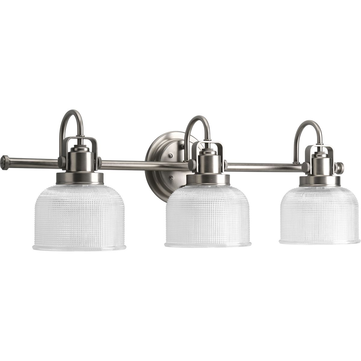 Archie is a standout in any room and provides a fun and fashionable way to light your home. The authentic, prismatic style glass shade diffuses light to provide functional and stylish illumination. Finely crafted strap and knob details are conveyed by the Antique Nickel finish. This three-light fixture can be installed with the glass facing up or down to suit your preference.