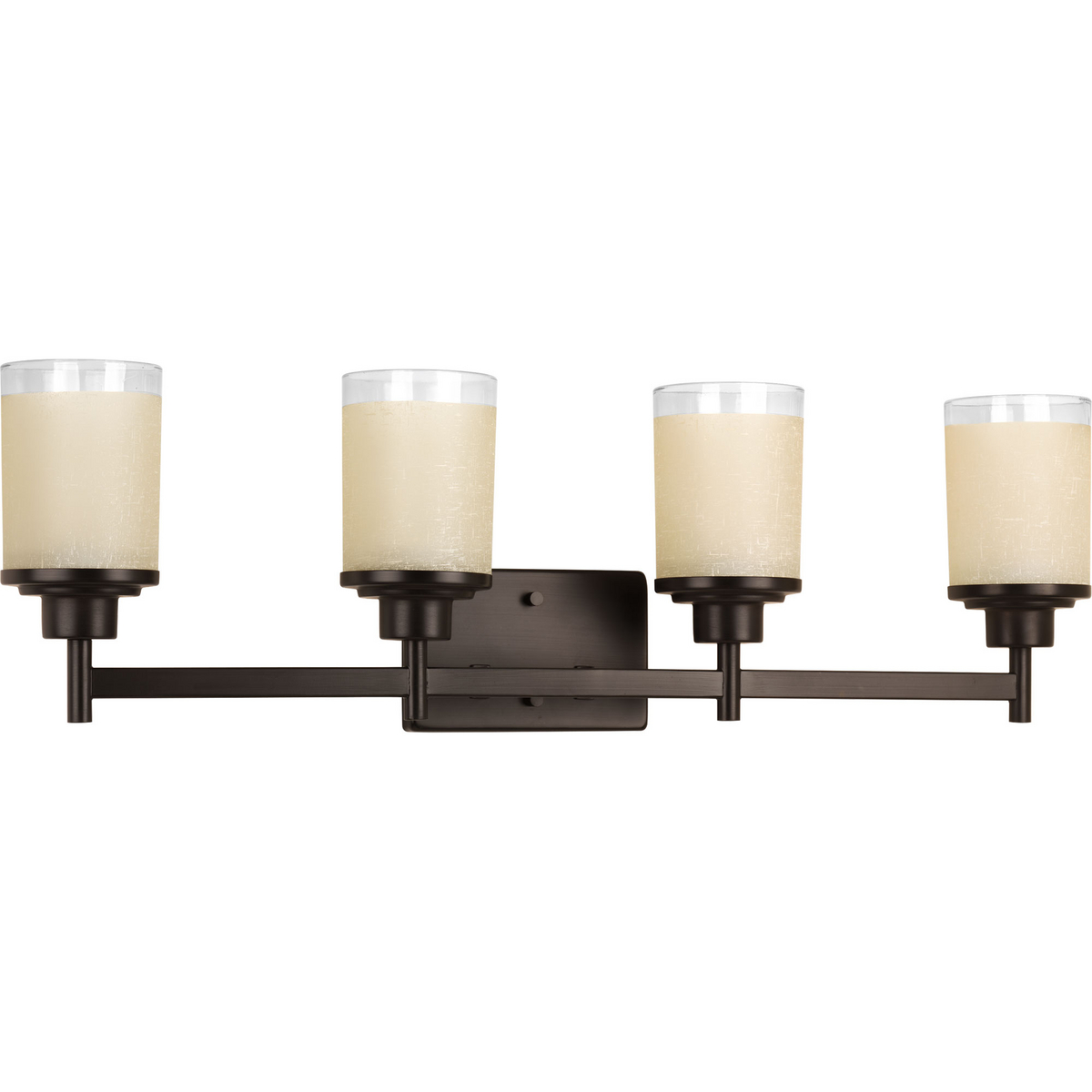 Create the sophisticated feel of modern, urban living in your home with this four-light bath fixture from the Alexa Collection. Visually interesting etched umber linen finished glass with a crisp clear edge accent is complemented by a pleasingly simple Antique Bronze frame. If you desire a vintage mid-century modern look, the Alexa Collection is just for you.