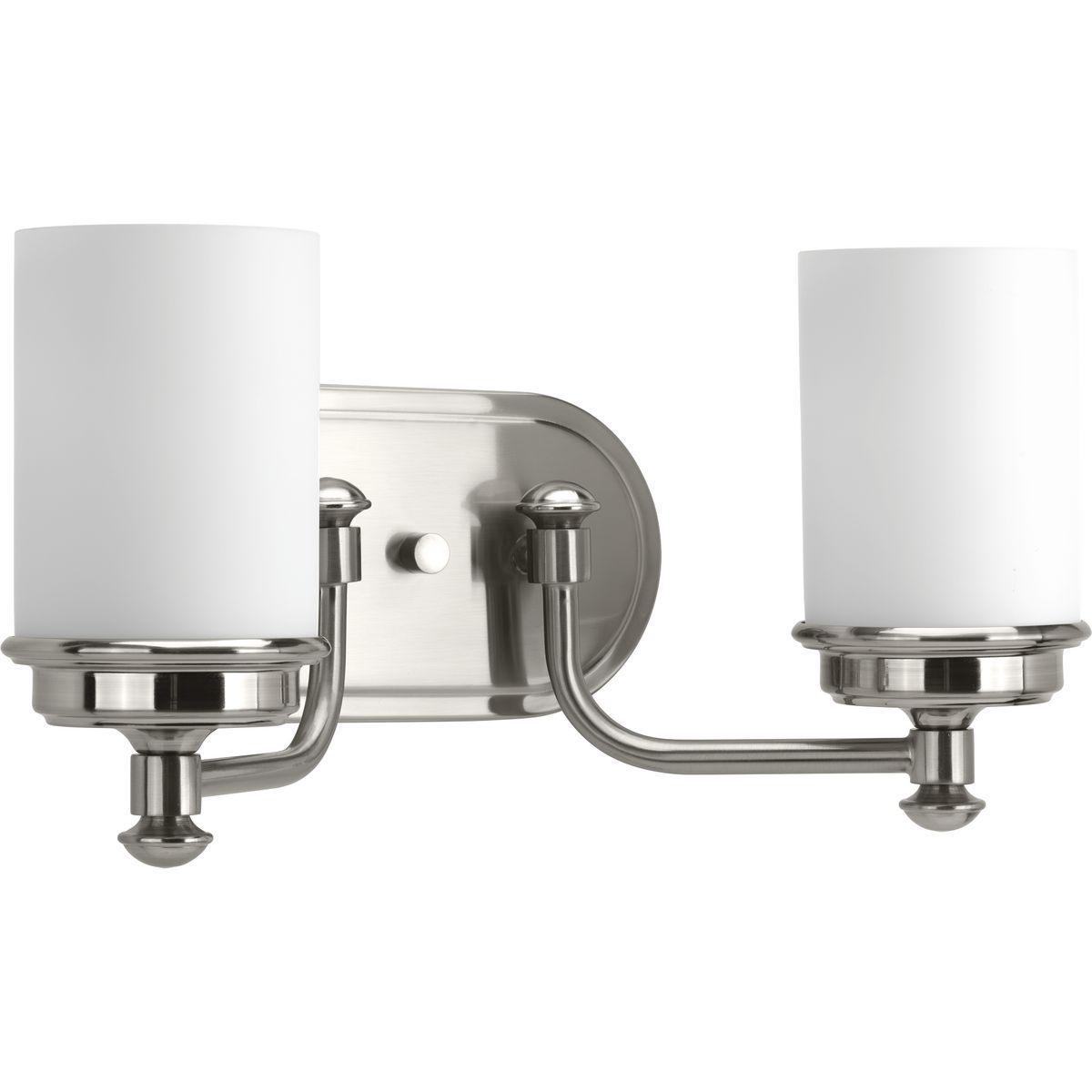 Let Glide's nautical-inspired two-light bath and vanity collection bring elegance and a spa-like atmosphere into the home. The etched opal glass sits upon a Brushed Nickel pedestal offering a traditional or formal style. Fixture can be installed with glass facing up or down.