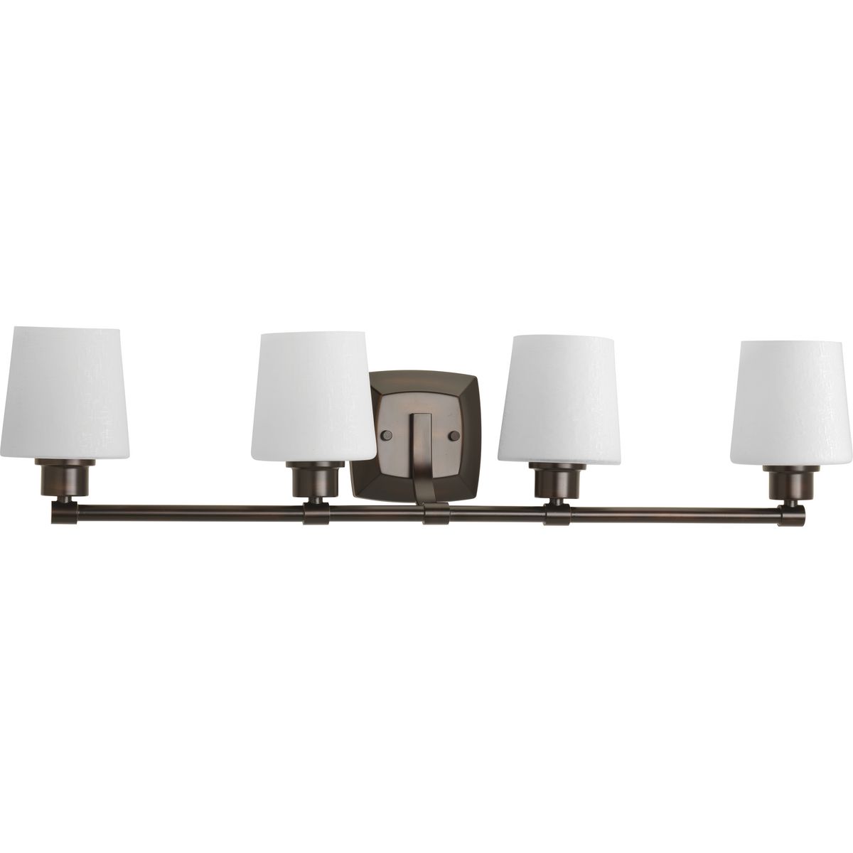 A sophisticated four-light bath and vanity collection in a Polished Chrome finish. Glance's stout frame and etched linen glass shades complement a variety of contemporary design schemes. Fixture can be installed with glass facing up or down. Complimented by a Antique Bronze finish.