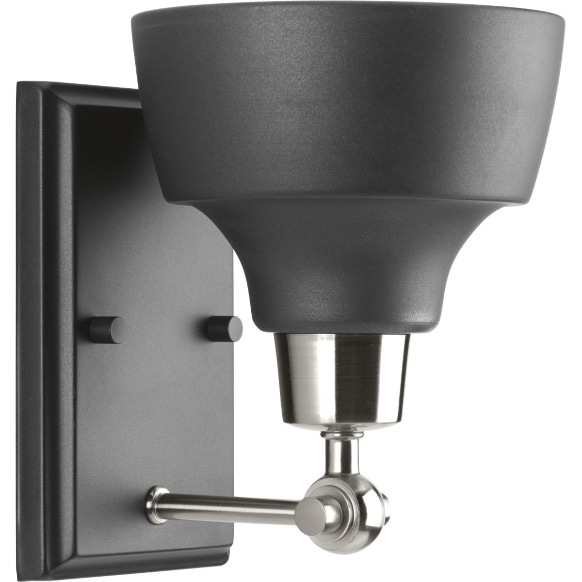 Vintage and industrial styling coalesce in the functional, yet elegant frame of the Bramlett fixtures. Metal reflector style shades are complemented by contrasting metallic fittings. Fixtures from this collection pair well with either vintage style or traditional bulbs to create a fun focal point in your home. One-Light bath & vanity. Brushed Nickel finish.