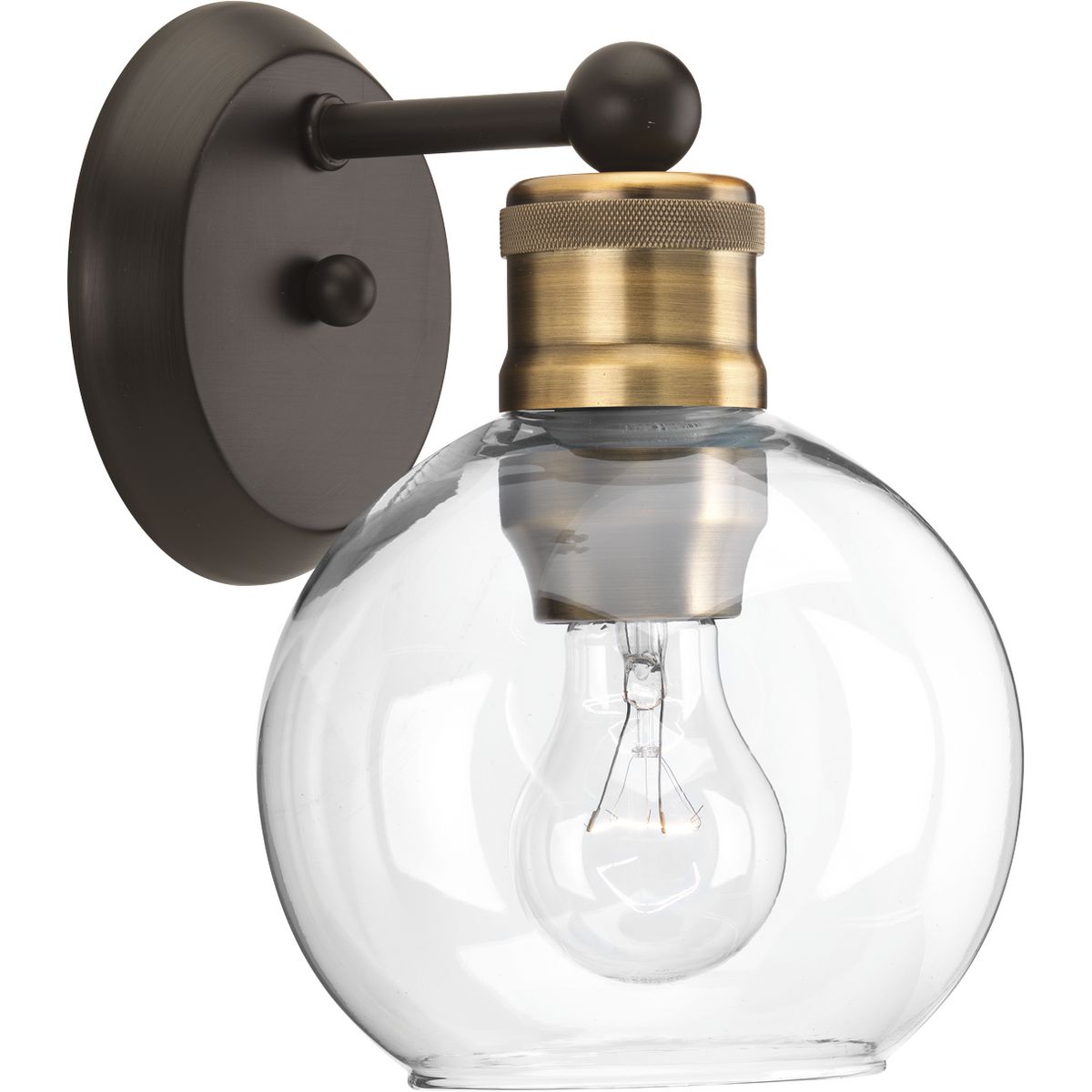 The Hansford collection of fixtures feature a clear, spherical shade paired with vintage style metal fittings in an Antique Bronze and Vintage Brass combination finish. Featuring a clean and precise design with generous scale, Hansford's classic style brings tranquility to your home with. Hansford lends itself to Farmhouse, Coastal or Industrial interiors. Can be used with clear or vintage bulbs for a variety of looks. The one-light bath & vanity fixture can be mounted up or down.