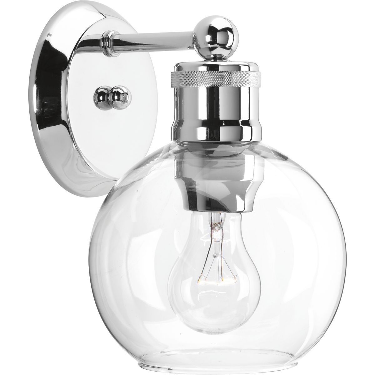 The Hansford collection of fixtures feature a clear, spherical shade paired with vintage style metal fittings in a Polished Nickel finish. Featuring a clean and precise design with generous scale, Hansford's classic style brings tranquility to your home with. Hansford lends itself to Farmhouse, Coastal or Industrial interiors. Can be used with clear or vintage bulbs for a variety of looks. The one-light bath & vanity fixture can be mounted up or down.