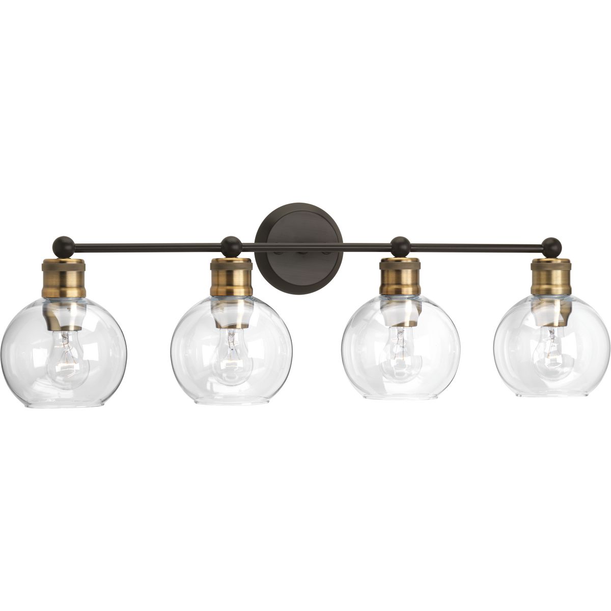 The Hansford collection of fixtures feature a clear, spherical shade paired with vintage style metal fittings in an Antique Bronze and Vintage Brass combination finish. Featuring a clean and precise design with generous scale, Hansford's classic style brings tranquility to your home with. Hansford lends itself to Farmhouse, Coastal or Industrial interiors. Can be used with clear or vintage bulbs for a variety of looks. The four-light bath & vanity fixture can be mounted up or down.