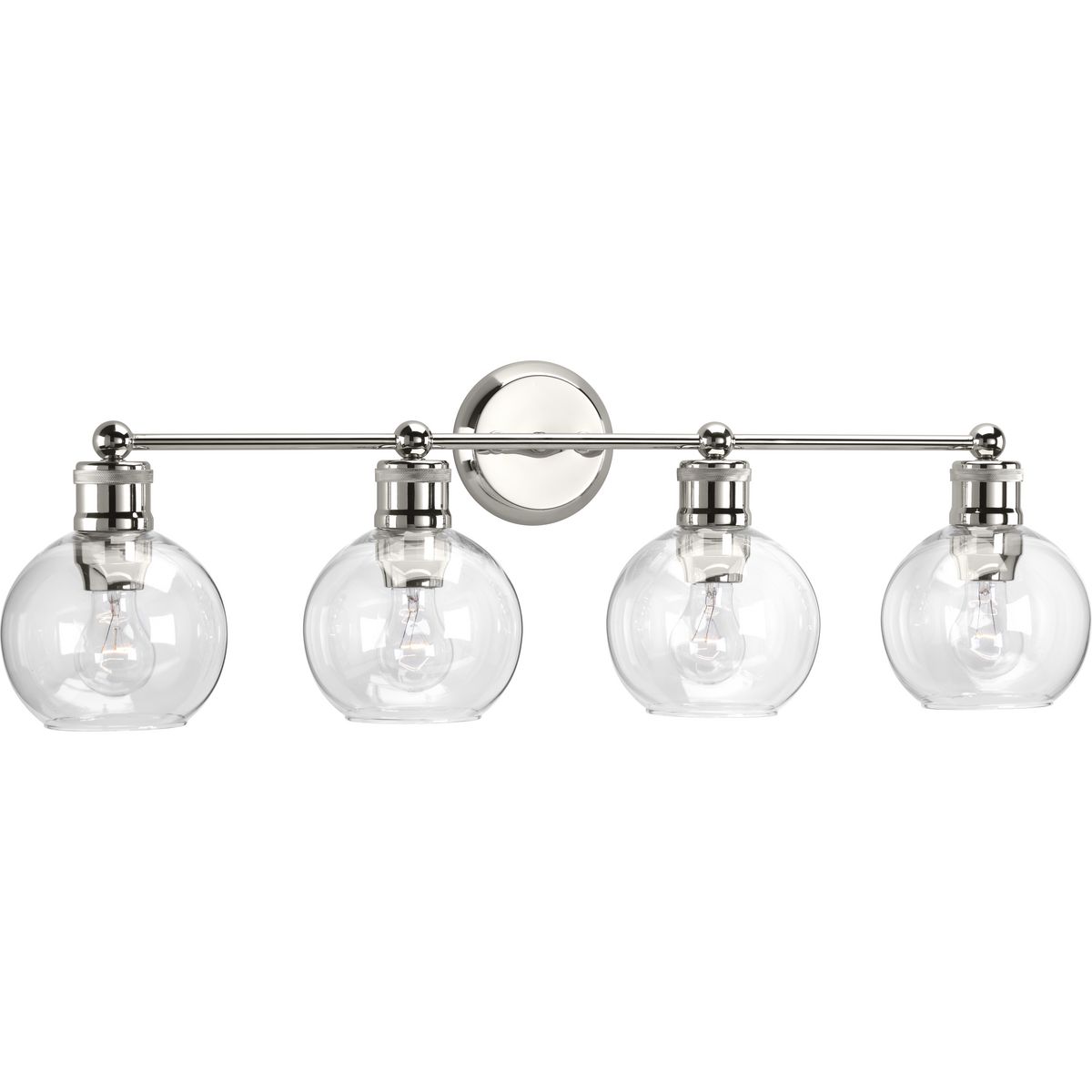 The Hansford collection of fixtures feature a clear, spherical shade paired with vintage style metal fittings in a Polished Nickel finish. Featuring a clean and precise design with generous scale, Hansford's classic style brings tranquility to your home with. Hansford lends itself to Farmhouse, Coastal or Industrial interiors. Can be used with clear or vintage bulbs for a variety of looks. The four-light bath & vanity fixture can be mounted up or down.