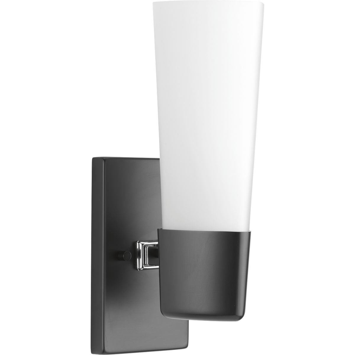 Zura features triangular, etched opal glass that provides geometric elements to add modern flair. Available in a Matte Black finish, this contemporary one-light bath & vanity fixture coordinates with the Zura Collection by Delta.
