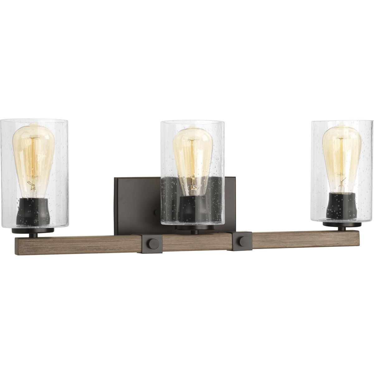Rustic and vintage decor can transform your home into a nostalgic retreat reminiscent of rural farmhouses. Exposed iron details and a faux-painted wooden plank support artful, clear, seeded glass shades. Combine with vintage-style light bulbs to crea...