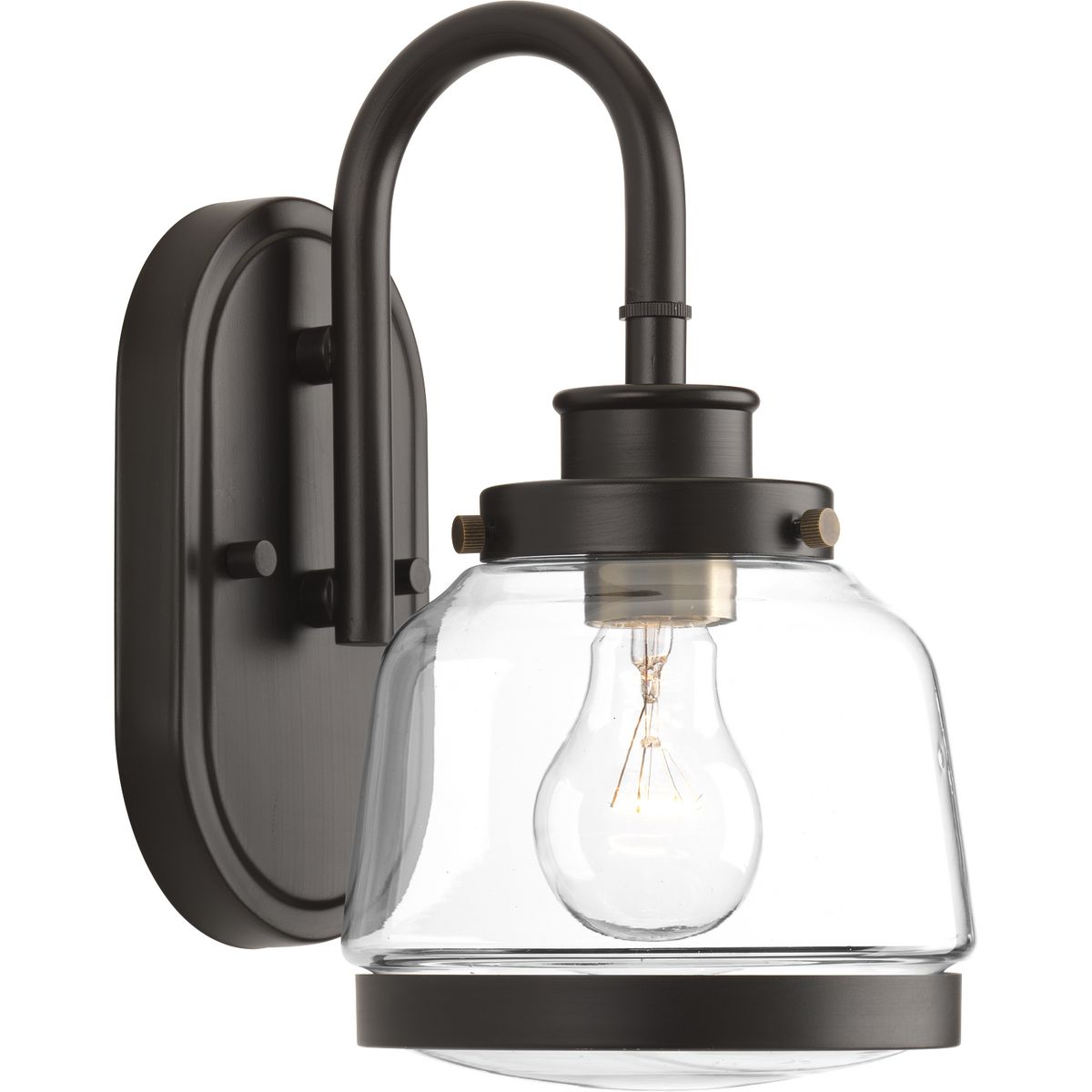 The Judson collection features a timeless clear schoolhouse-style globe. Metal fittings add distinction to complete the vintage look. Judson provides the perfect compliment to farmhouse or coastal-inspired homes. One-light bath & vanity in an Antique Bronze finish.