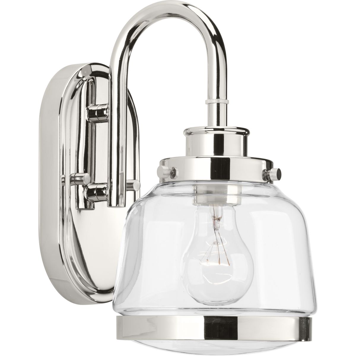 The Judson collection features a timeless clear schoolhouse-style globe. Metal fittings add distinction to complete the vintage look. Judson provides the perfect compliment to farmhouse or coastal-inspired homes. One-light bath & vanity in an Polished Nickel finish.