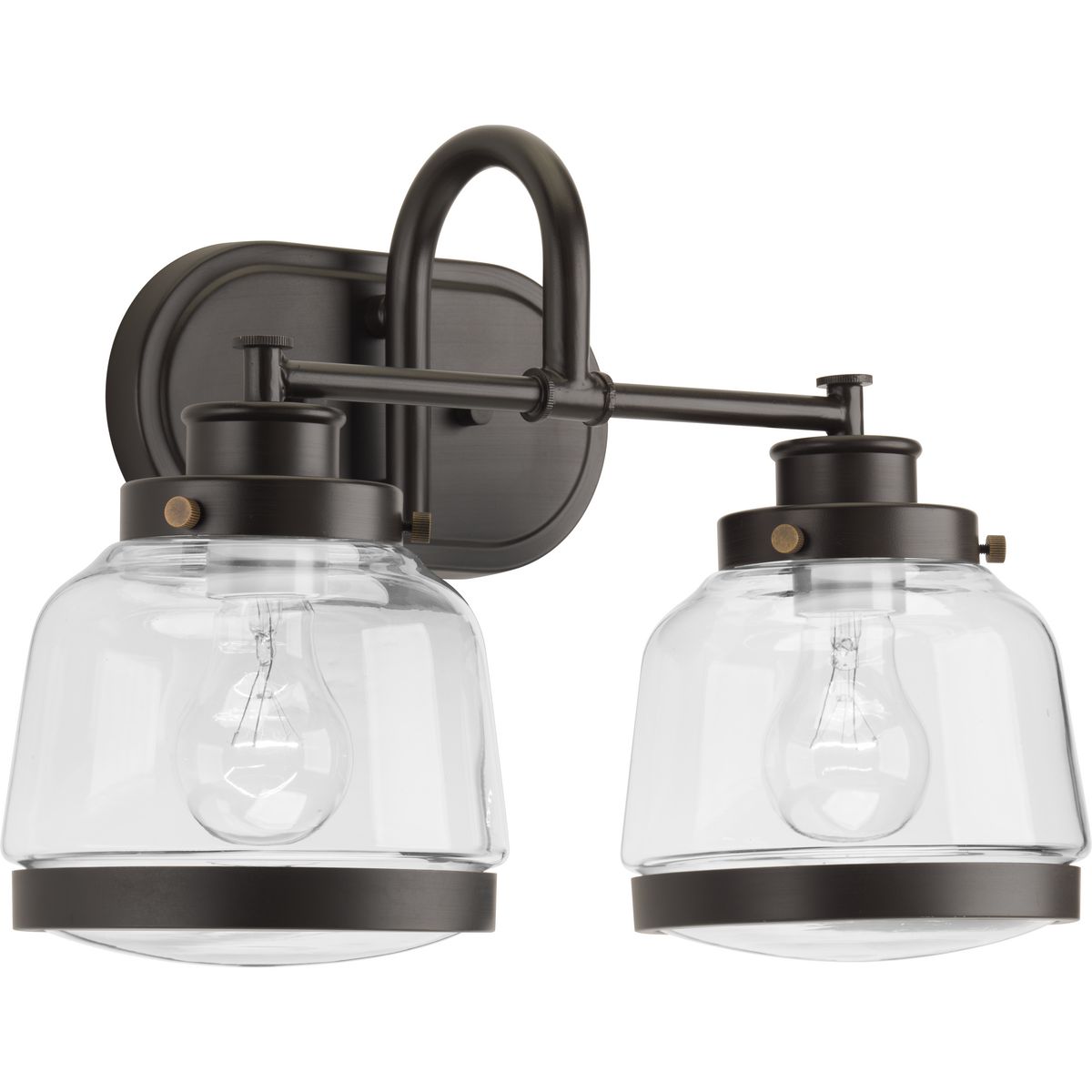 The Judson collection features a timeless clear schoolhouse-style globe. Metal fittings add distinction to complete the vintage look. Judson provides the perfect compliment to farmhouse or coastal-inspired homes. Two-light bath & vanity in an Antique Bronze finish.