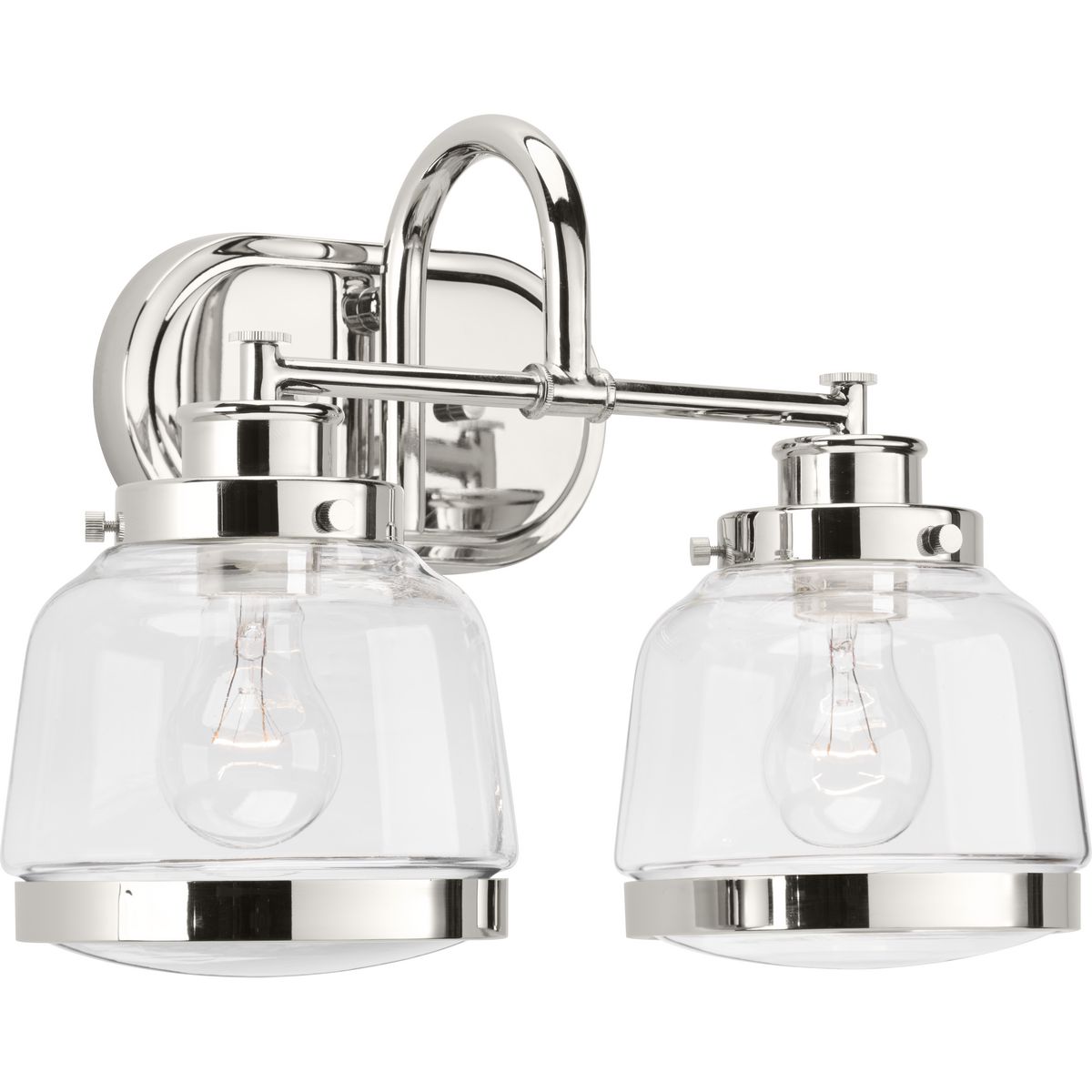 The Judson collection features a timeless clear schoolhouse-style globe. Metal fittings add distinction to complete the vintage look. Judson provides the perfect compliment to farmhouse or coastal-inspired homes. Two-light bath & vanity in an Polished Nickel finish.