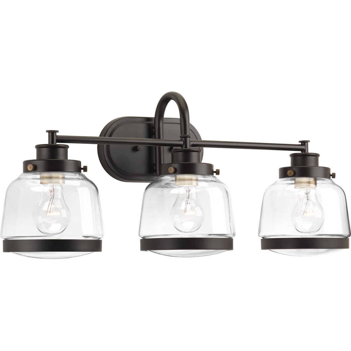 The Judson collection features a timeless clear schoolhouse-style globe. Metal fittings add distinction to complete the vintage look. Judson provides the perfect compliment to farmhouse or coastal-inspired homes. Three-light bath & vanity in an Antique Bronze finish.