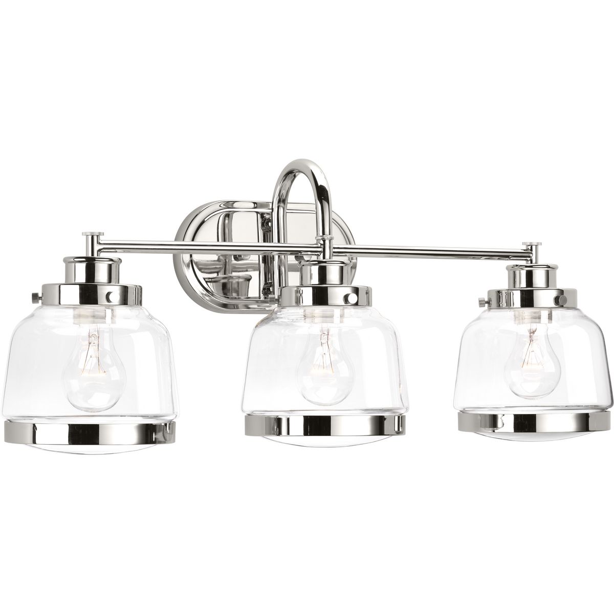 The Judson collection features a timeless clear schoolhouse-style globe. Metal fittings add distinction to complete the vintage look. Judson provides the perfect compliment to farmhouse or coastal-inspired homes. Three-light bath & vanity in an Polished Nickel finish.