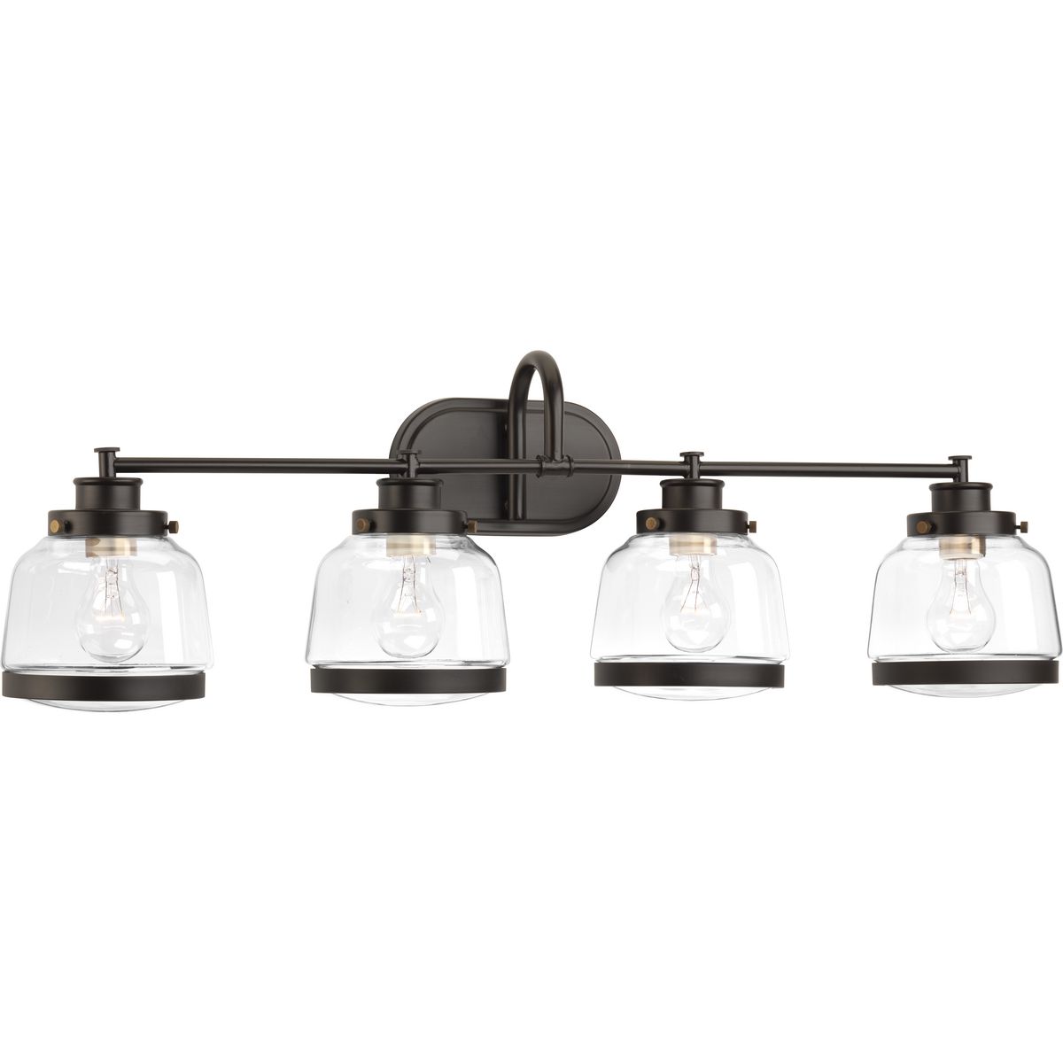 The Judson collection features a timeless clear schoolhouse-style globe. Metal fittings add distinction to complete the vintage look. Judson provides the perfect compliment to farmhouse or coastal-inspired homes. Four-light bath & vanity in an Antique Bronze finish.