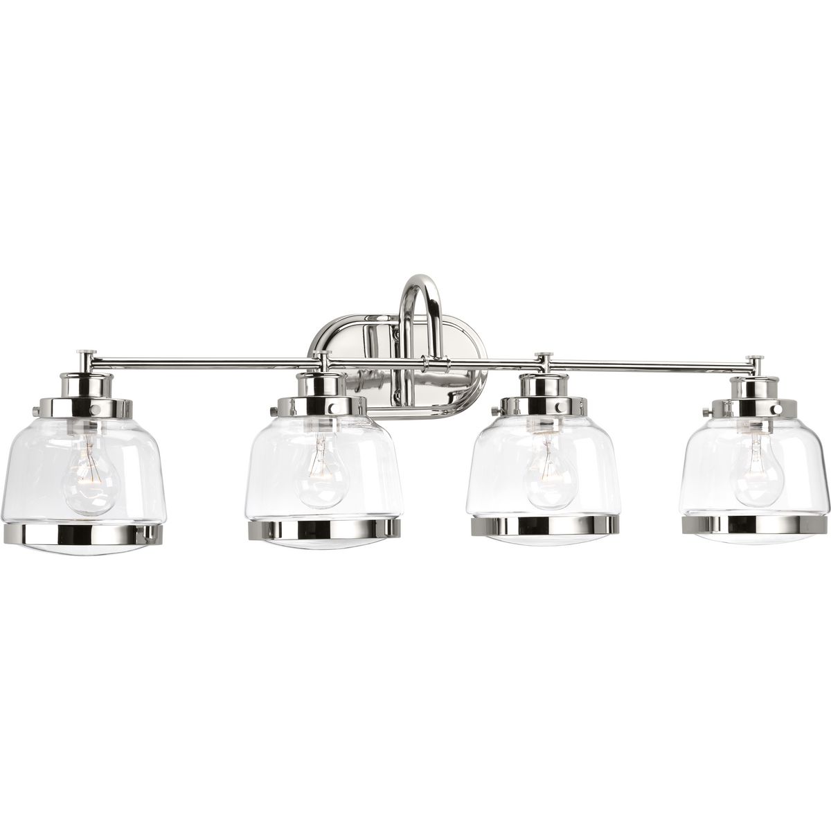 The Judson collection features a timeless clear schoolhouse-style globe. Metal fittings add distinction to complete the vintage look. Judson provides the perfect compliment to farmhouse or coastal-inspired homes. Four-light bath & vanity in an Polished Nickel finish.